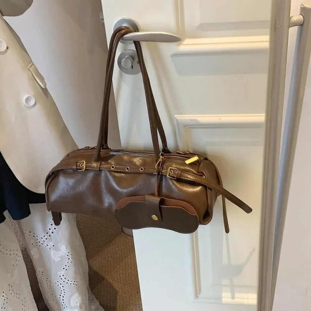 Wome'ns Brown PU Leather Tote Bag Casual Bowling Bag Purse Retro Underarm